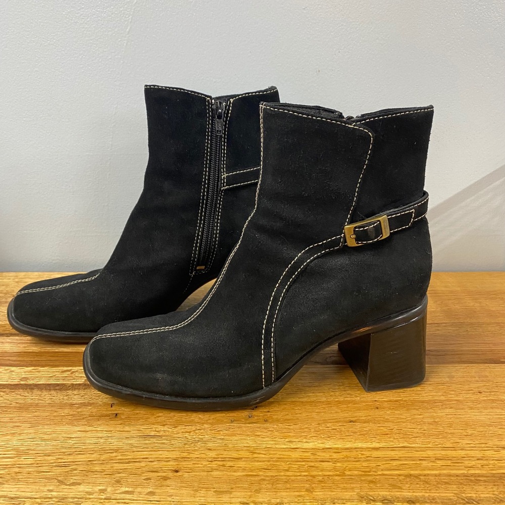 Clarks Black Suede Square Toe Ankle Boots Contrast Stitch Block Heel 6.5M 31747
